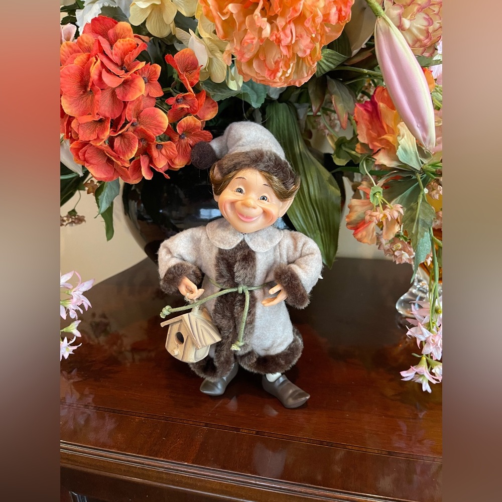Vintage KAREN DIDION CHRISTMAS  ELF Figure Brown fur coat & birdhouse